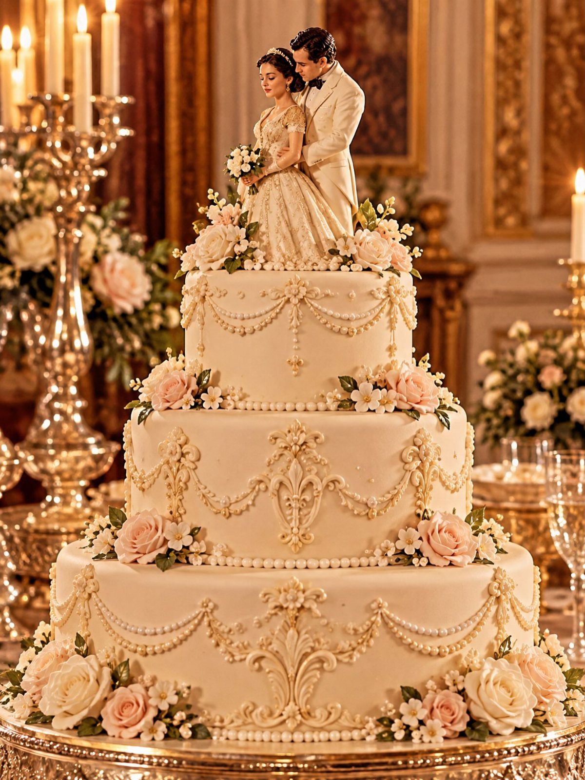 Three-tier ivory fondant wedding cake with ornate piping, pink roses, and a couple topper.