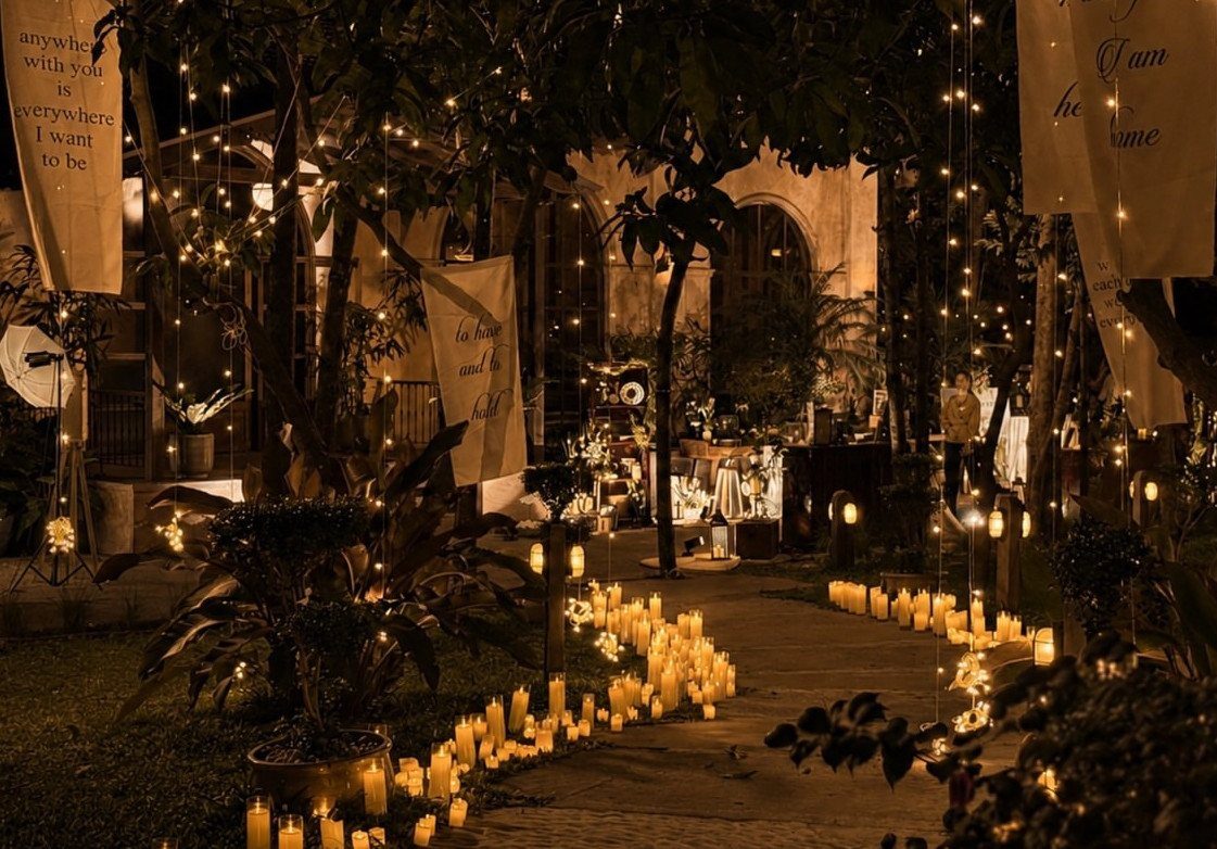 Glowing white pillar candles lining a stone path in a nighttime garden setting