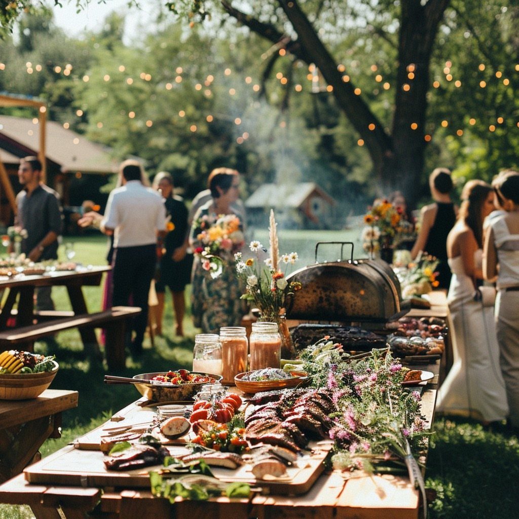 Outdoor wedding BBQ with grilled meats on wooden tables under string lights and trees.