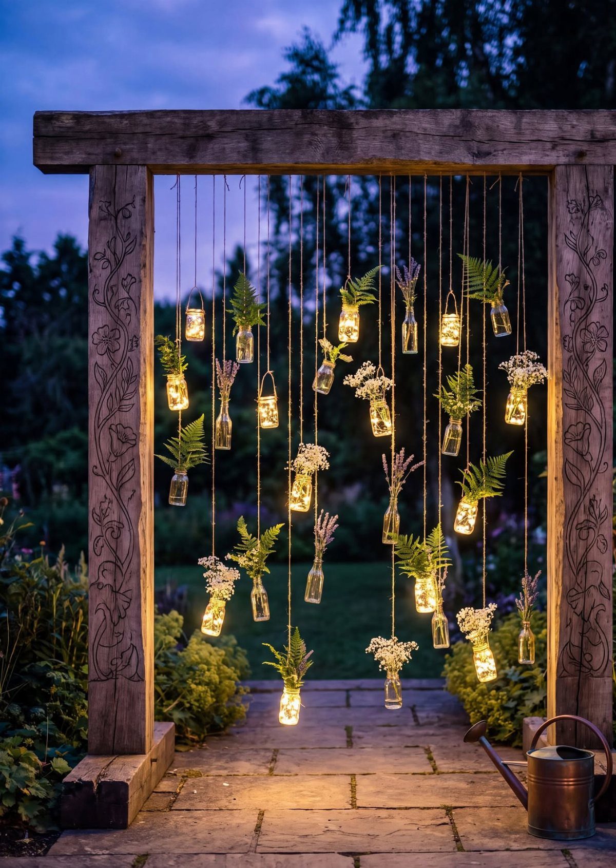 Hanging glass jars with flowers and fairy lights inside a rustic wooden frame.
