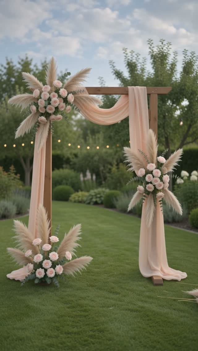 Wooden wedding arch with peach fabric, pampas grass, and pink roses on green grass.