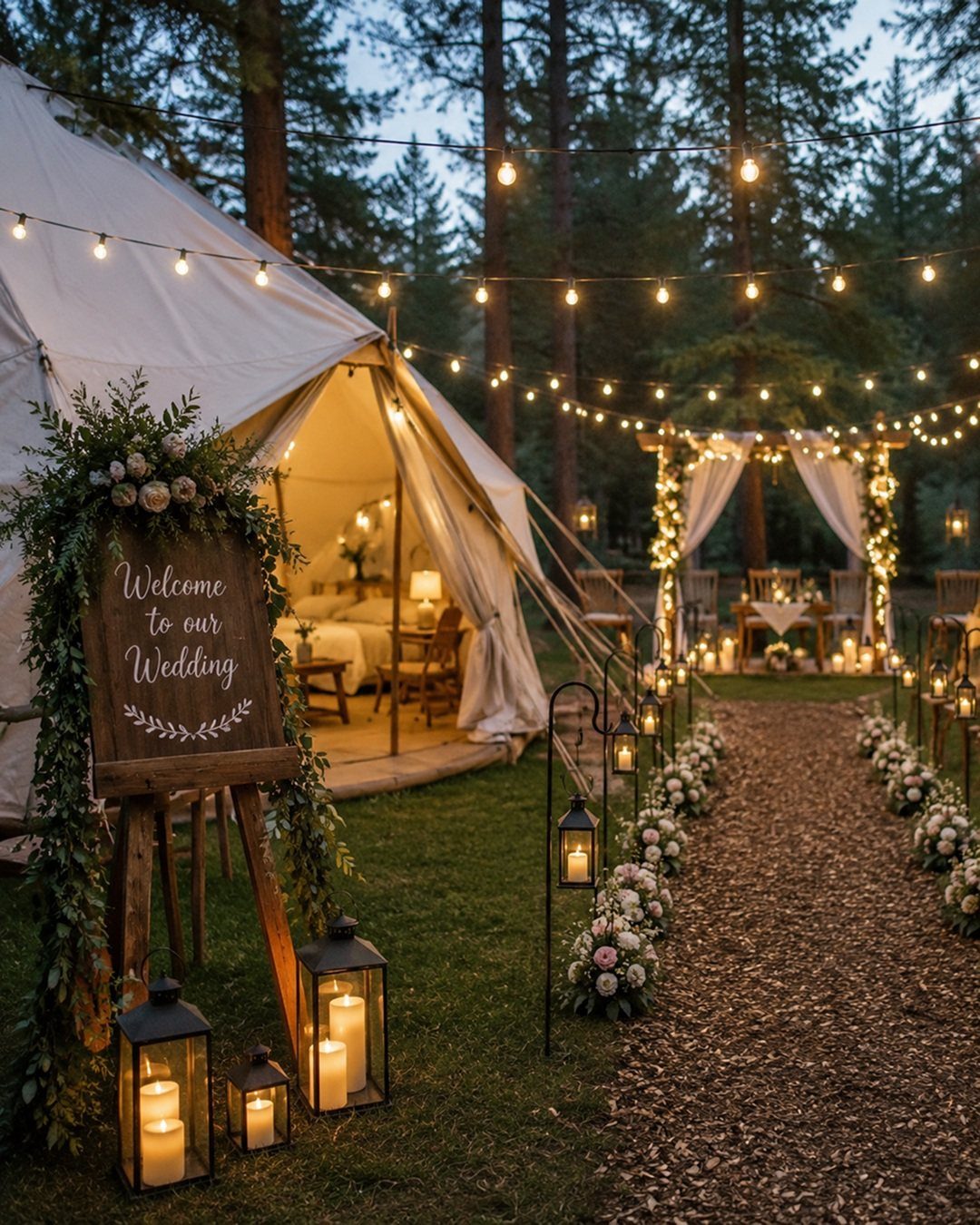 Glamping wedding setup with a large canvas tent, string lights, and floral path.