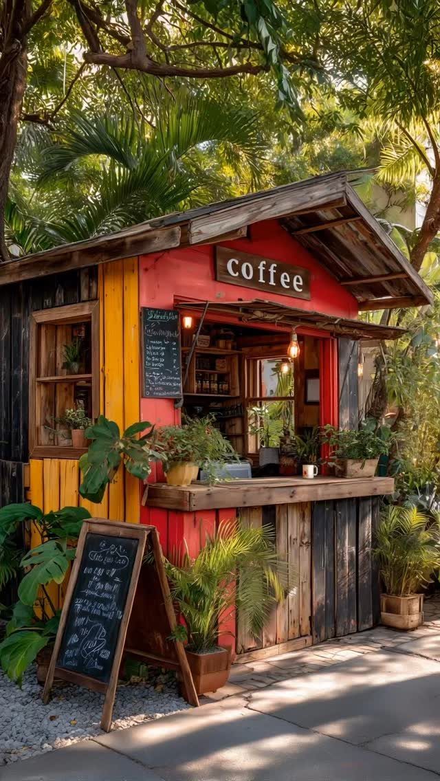 Colorful wooden coffee shack with plants and chalkboard menu in a garden setting.