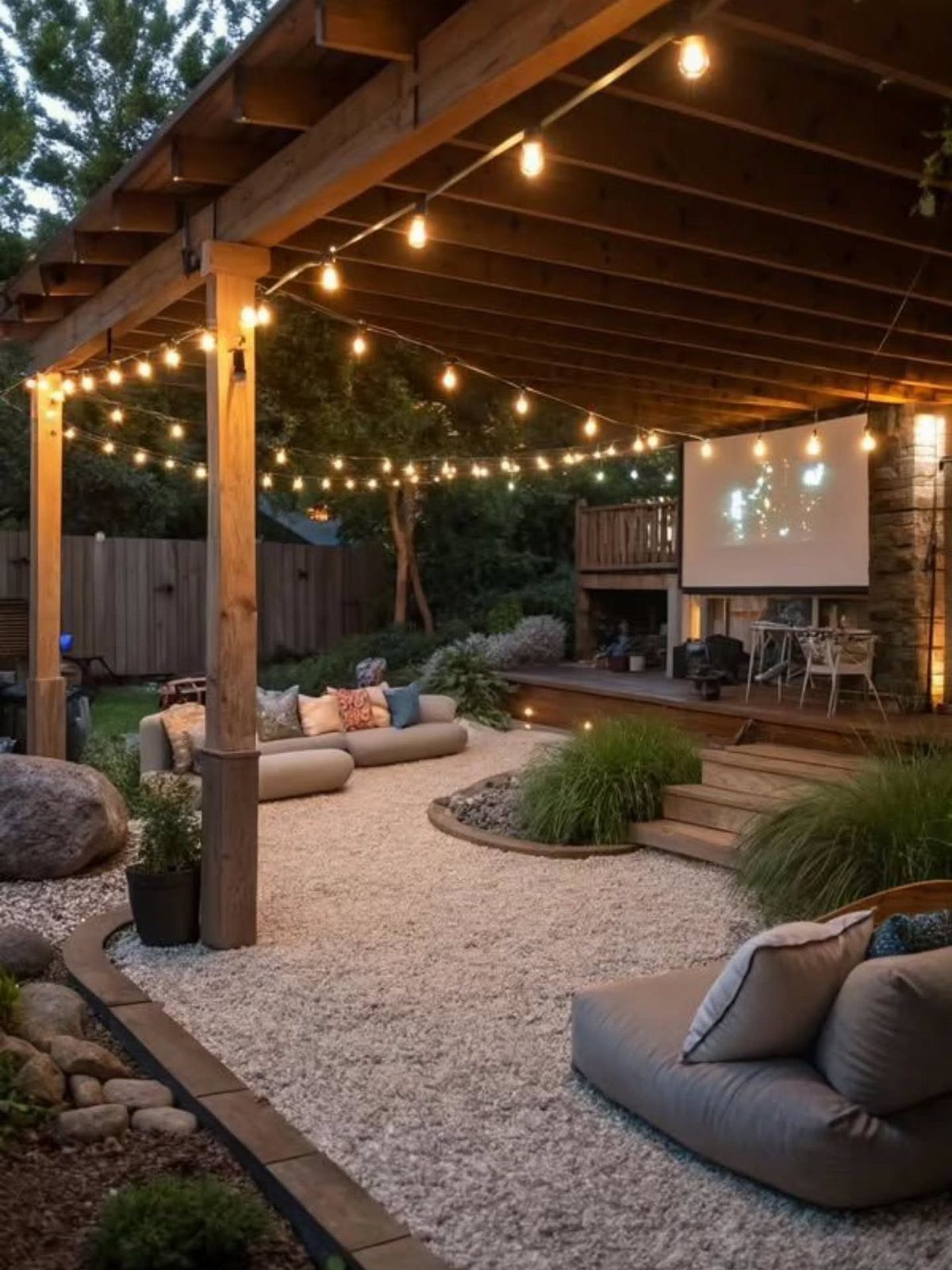 Outdoor lounge area with beanbags and string lights under a wooden pergola