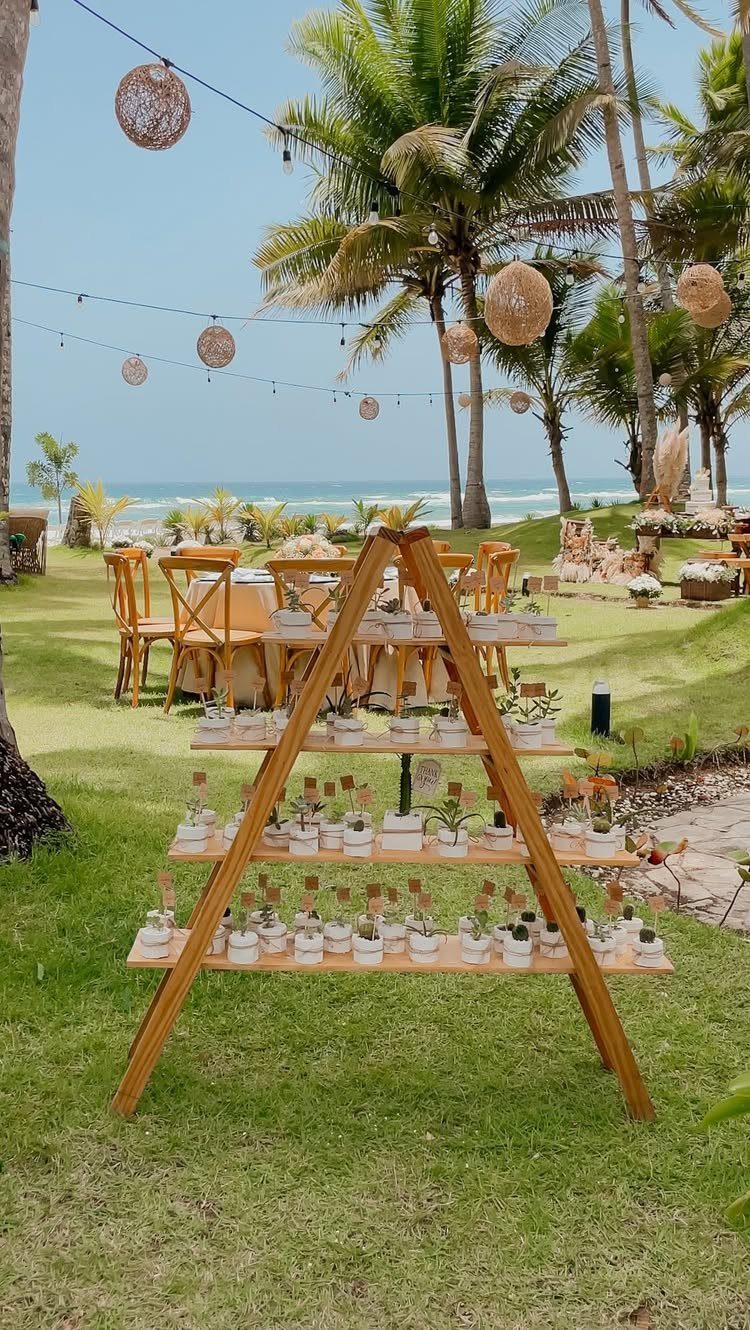 Wooden A-frame shelf with small potted plants at an outdoor beach wedding reception.