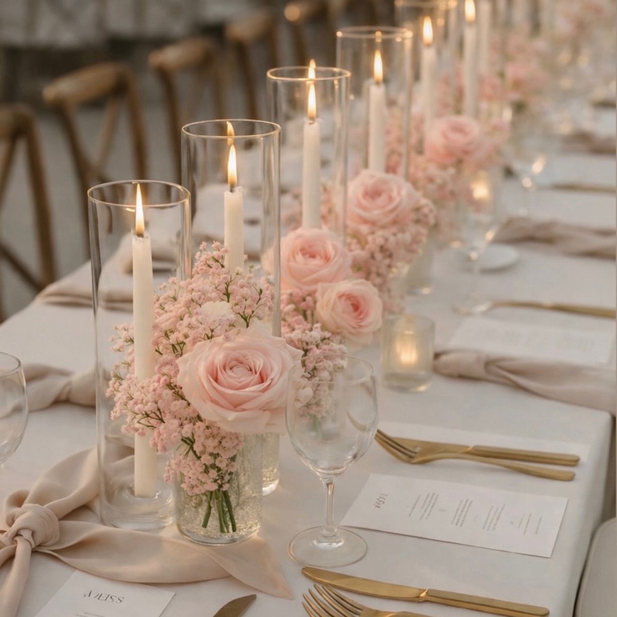 Blush pink roses and baby's breath arranged with white candles on a wedding table.