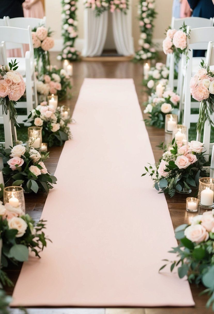 Light pink aisle runner lined with white chairs, pink roses, and glowing candles.