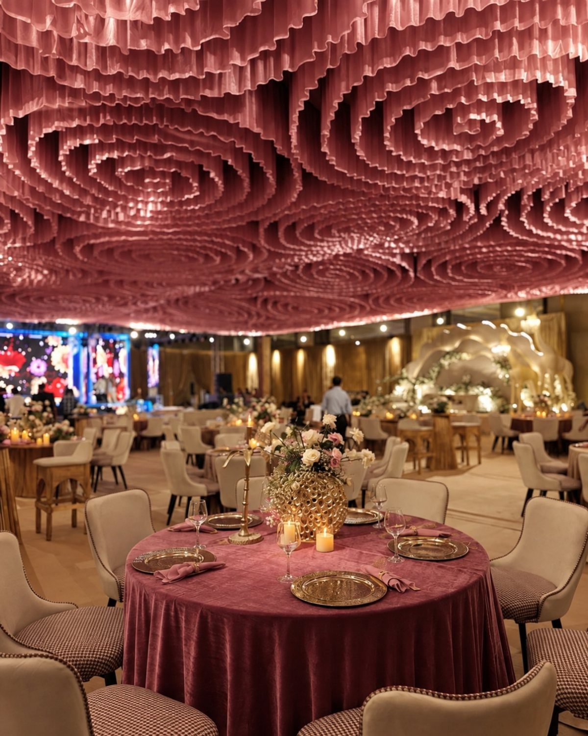 Swirling pink fabric ceiling drapes over elegant wedding tables with velvet linens.