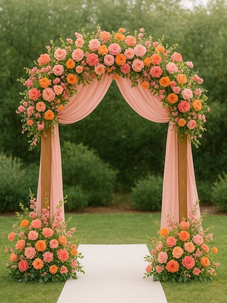 Wooden wedding arch with peach fabric and pink and orange rose arrangements.