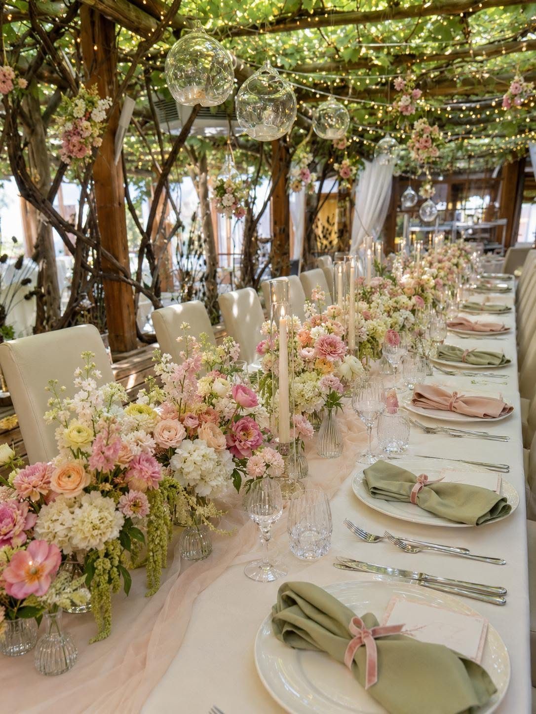 Wedding table with sage green napkins, pink ribbons, and pink floral centerpieces under greenery.