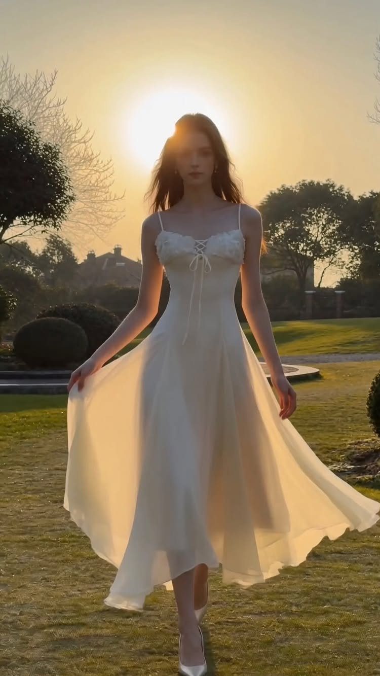 12 Pre Wedding Photoshoot Outfit Ideas for Couples 2 Woman in a white lace midi dress posing on a lawn at sunset.
