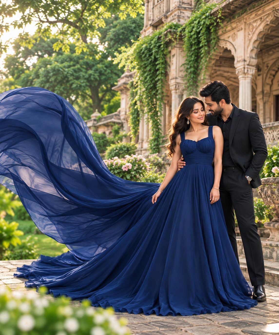 12 Pre Wedding Photoshoot Outfit Ideas for Couples 1 Couple posing outdoors with woman in a flowing royal blue maxi dress