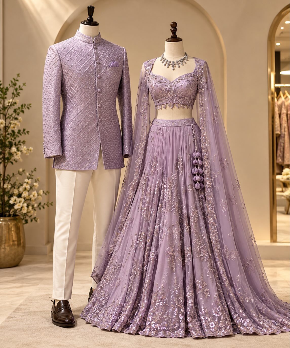 12 Pre Wedding Photoshoot Outfit Ideas for Couples 6 Lavender pastel wedding outfits on mannequins featuring a textured jacket and embellished lehenga