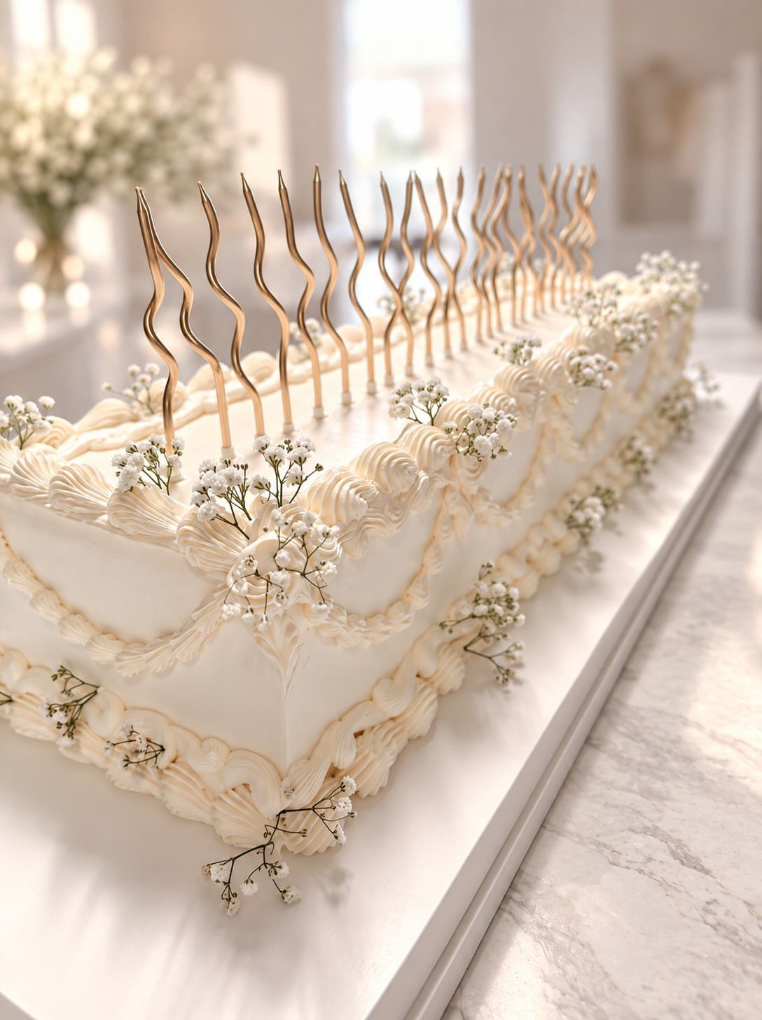 Rectangular white wedding cake with ornate frosting, baby's breath, and wavy gold toppers.