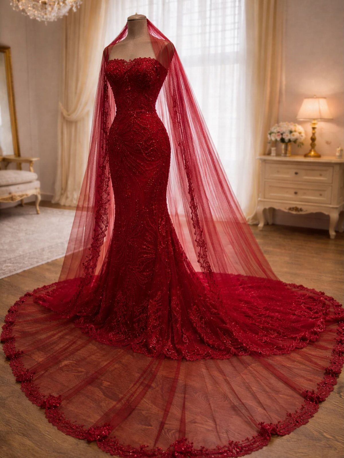 10 Red Wedding Dresses for Brides Who Want Color 9 Red mermaid wedding dress with lace and a long tulle veil on a mannequin