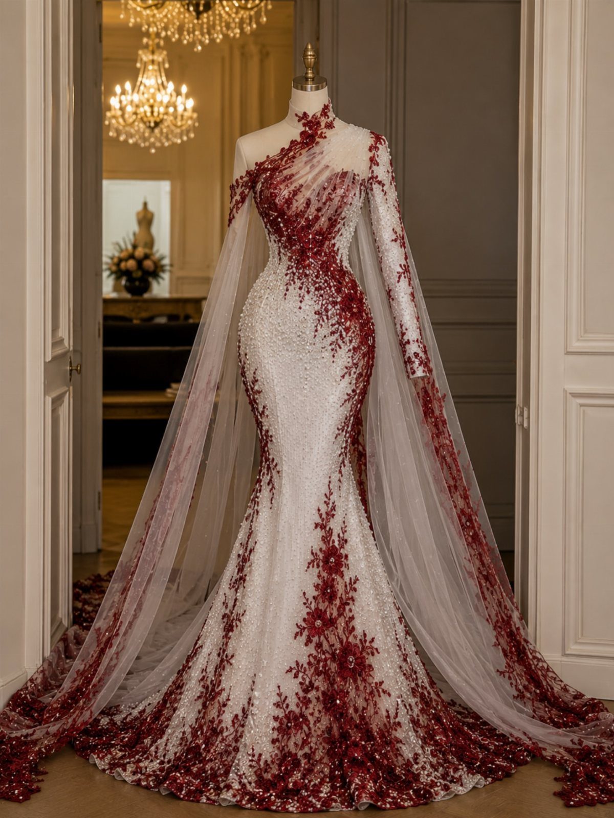 10 Red Wedding Dresses for Brides Who Want Color 8 White mermaid wedding dress with red floral embroidery and a long matching cape.
