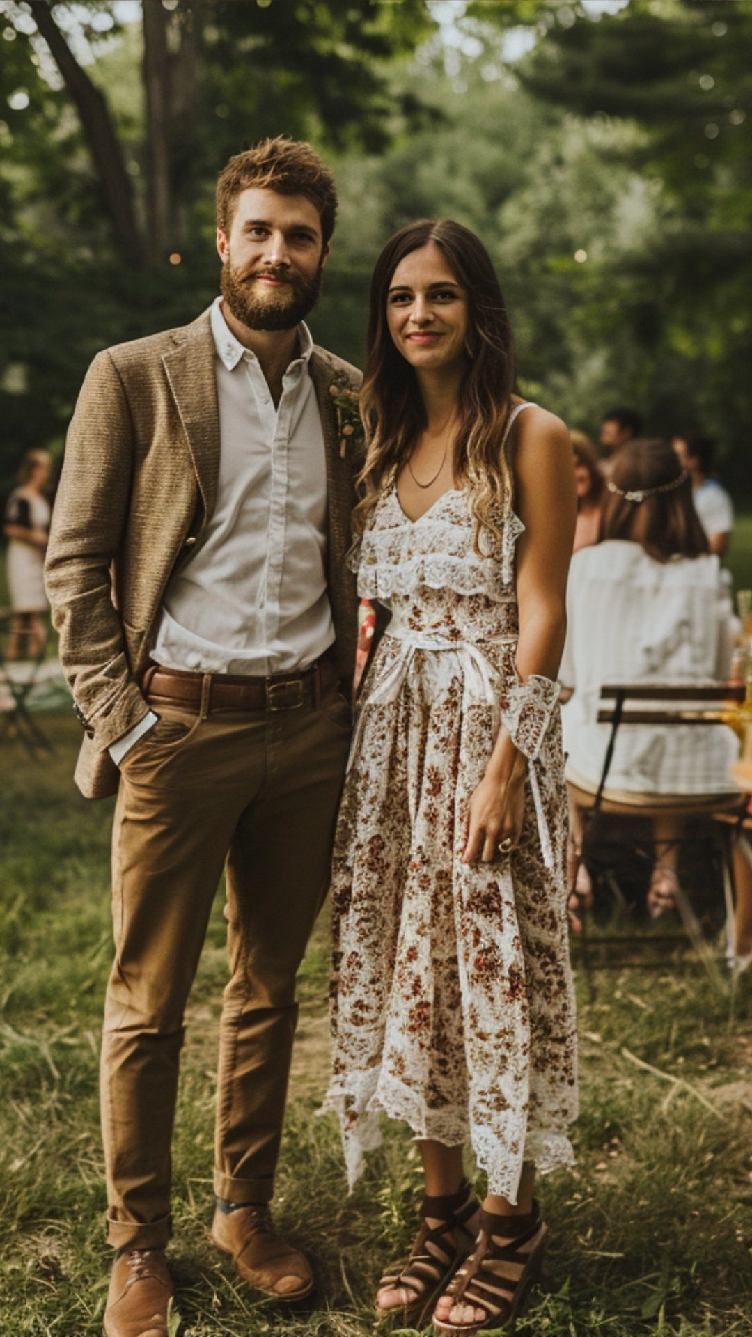 Man in tan blazer and woman in floral midi dress at outdoor wedding.