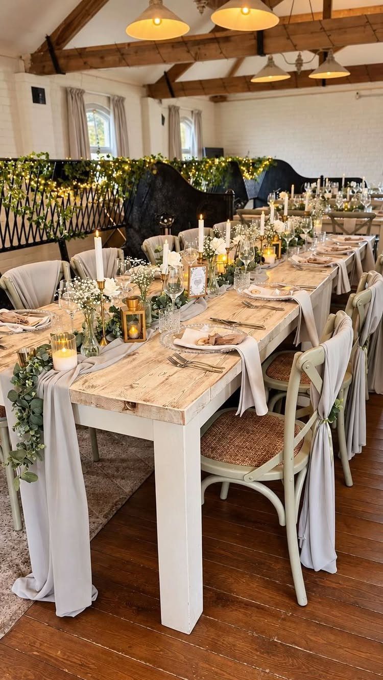 Farmhouse wooden table with white legs decorated with greenery and candles for a wedding.