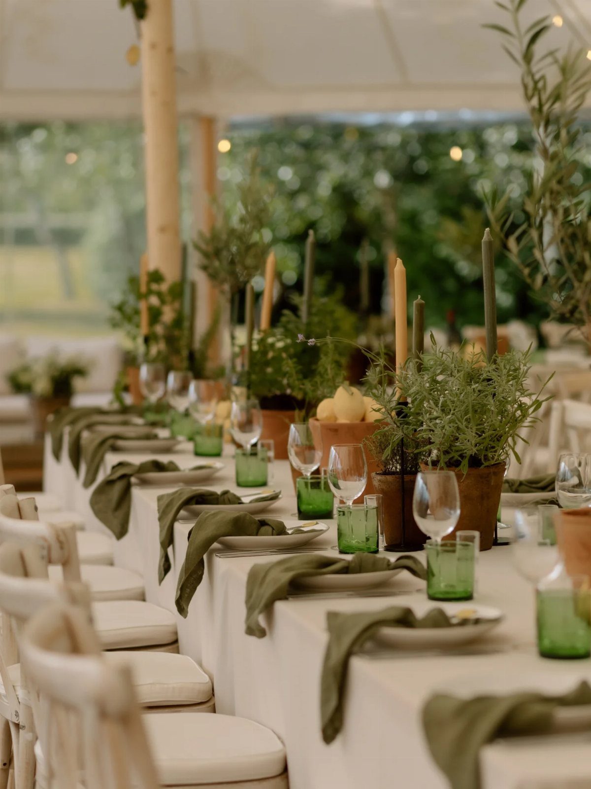 Potted herbs and taper candles as centerpieces on a white wedding table.