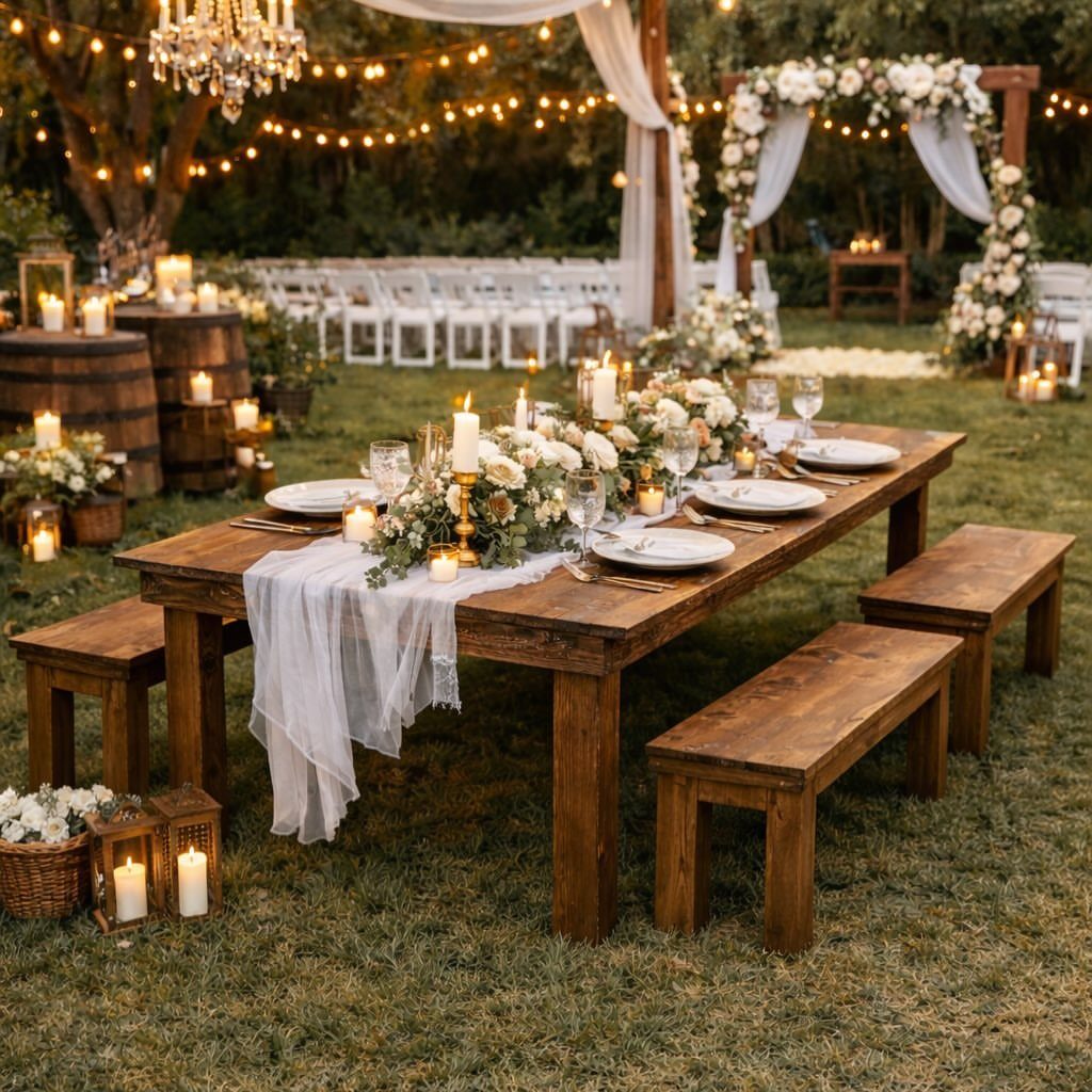 Wooden wedding table with white flowers, candles, and a crystal chandelier outdoors.