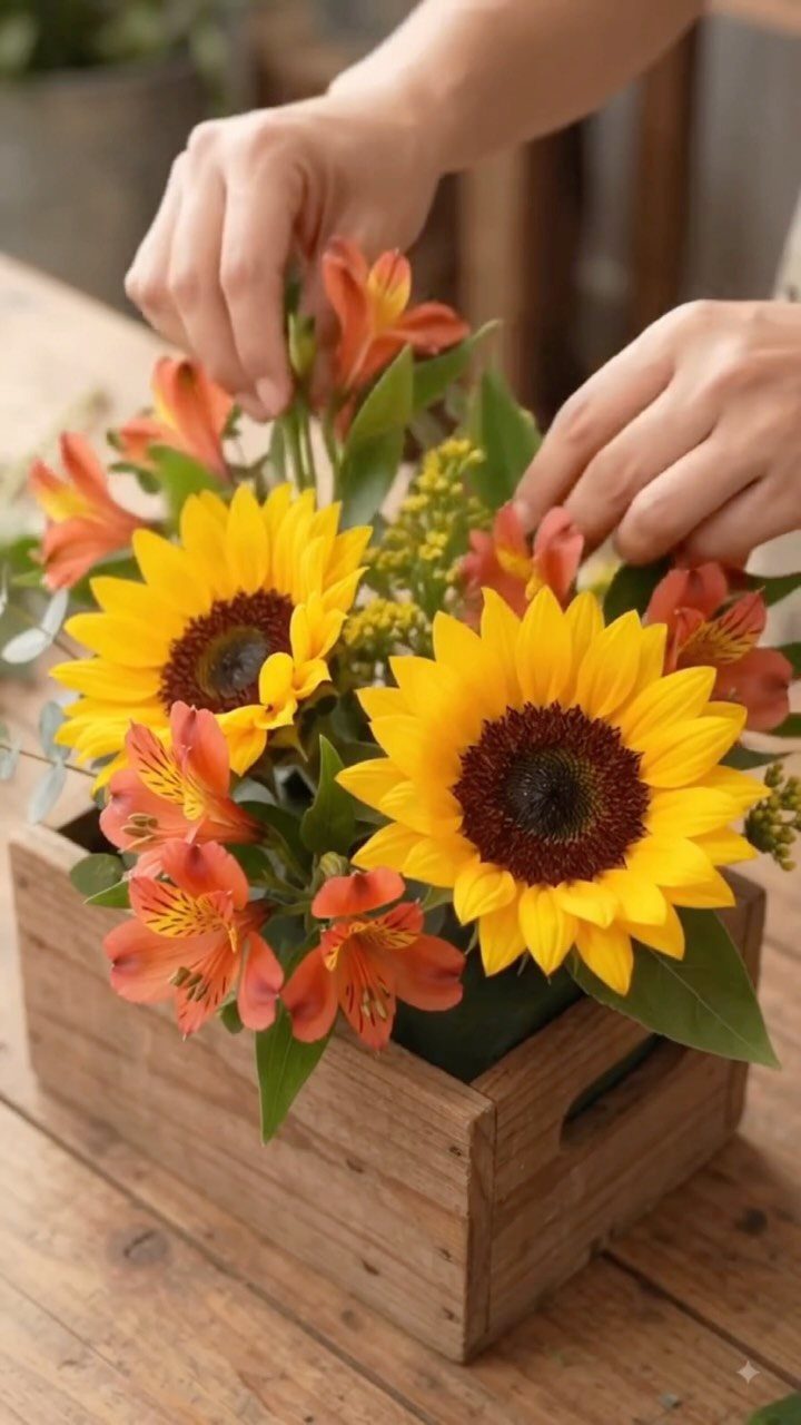 Sunflowers and orange lilies arranged in a small wooden box on a table.