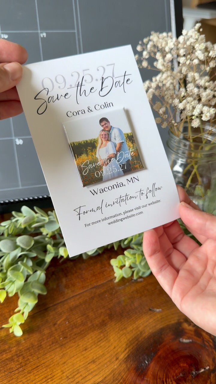 Save the Date Wedding Invite Ideas: 11 Styles to Try 7 Save the date wedding card with a small square photo magnet attached to it.