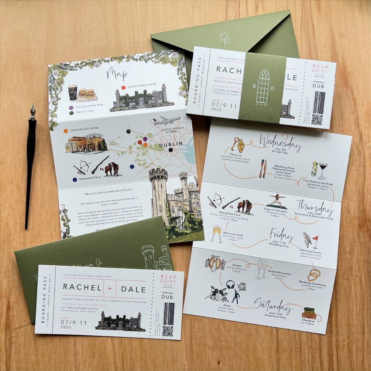 Save the Date Wedding Invite Ideas: 11 Styles to Try 6 Wedding stationery set featuring an illustrated map of Dublin and boarding pass invitations.