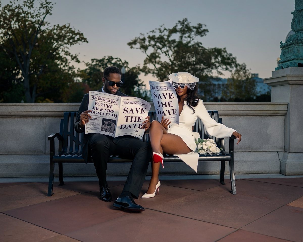Save the Date Wedding Invite Ideas: 11 Styles to Try 3 Couple on a bench holding newspapers that say Save the Date for their wedding.