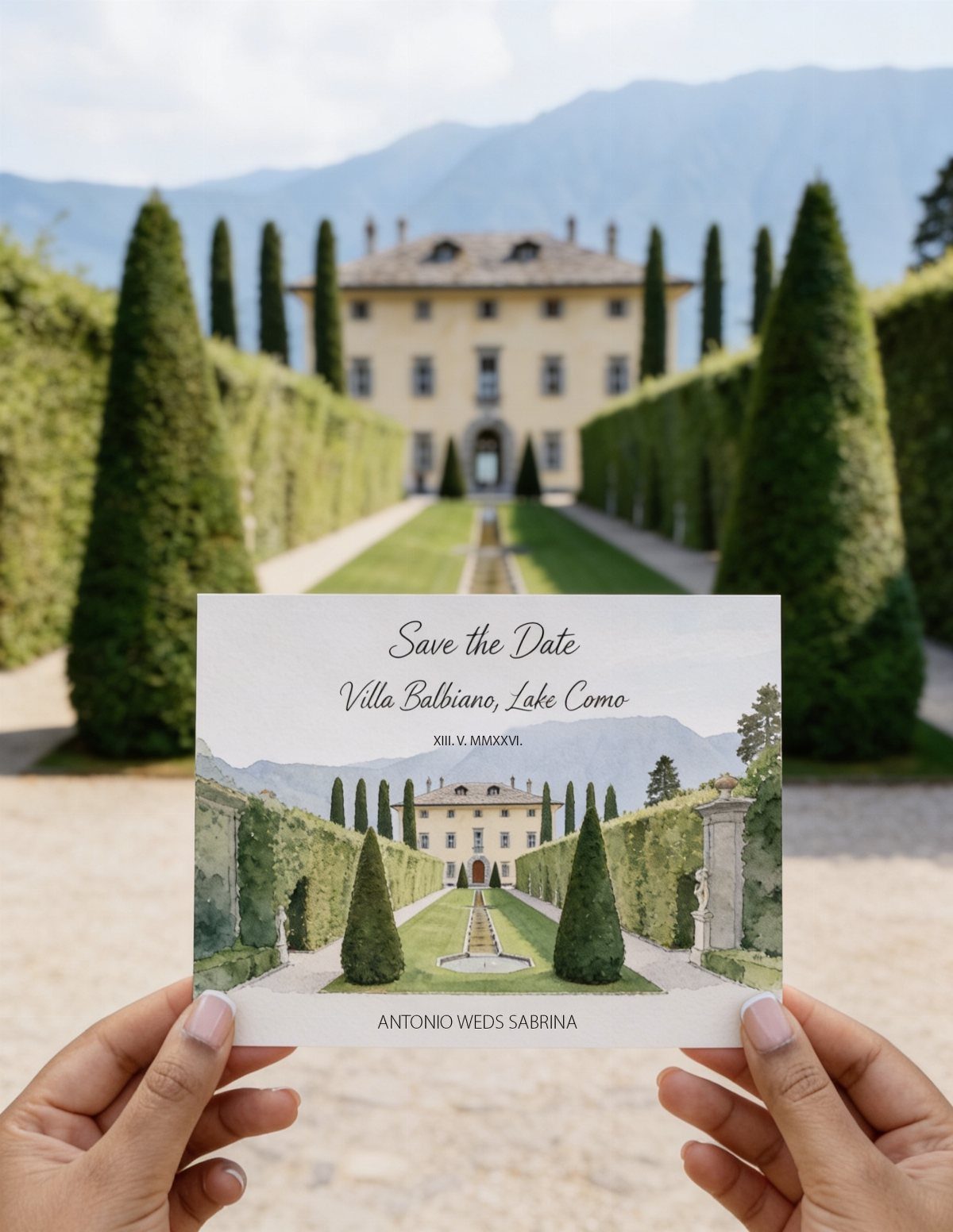 Save the Date Wedding Invite Ideas: 11 Styles to Try 4 Watercolor save the date card featuring a villa and garden held before the real scene.