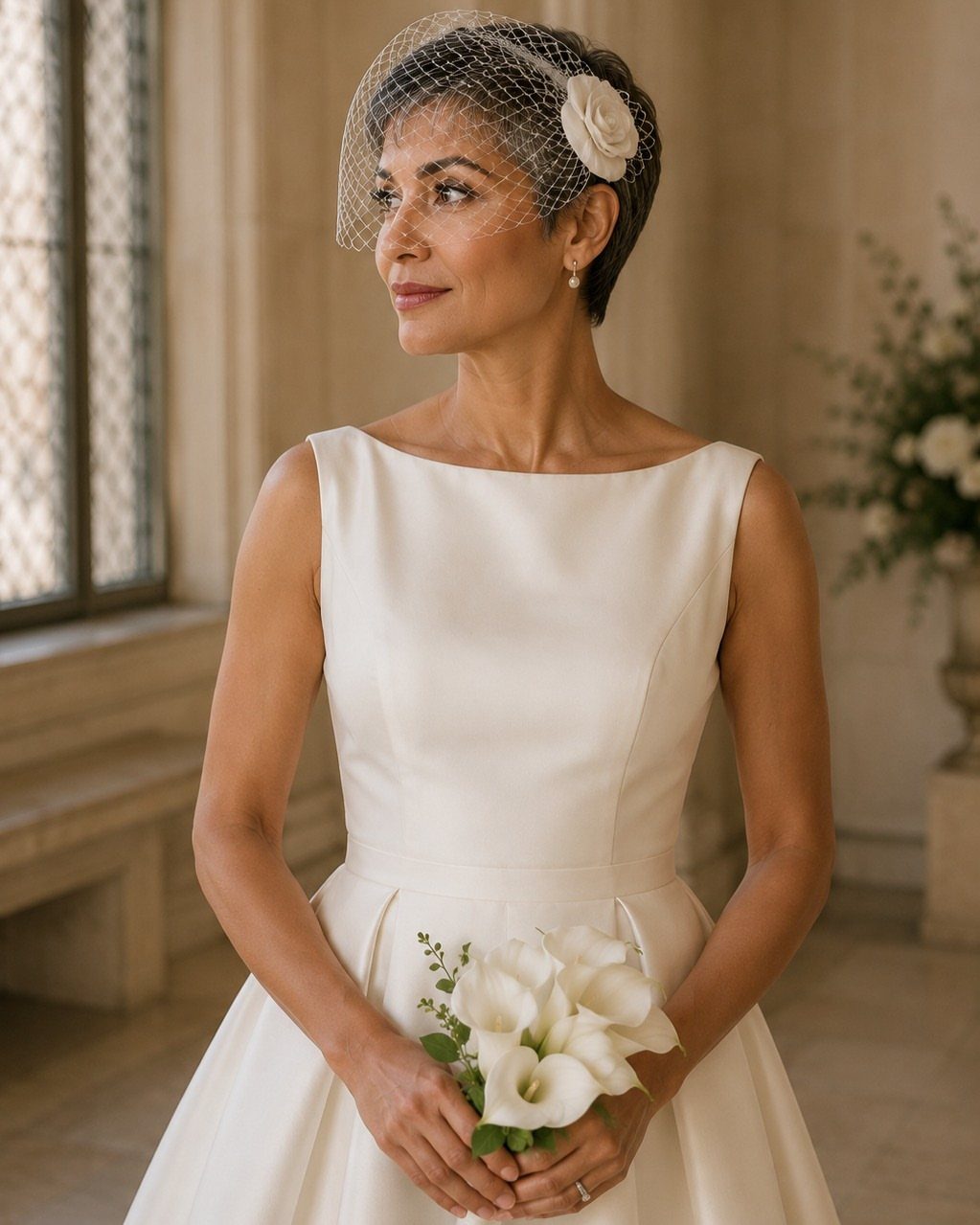 Short Wedding Hair with Veil: 5 Ideas for Brides 1 Woman with short hair wearing a white birdcage veil and wedding dress.