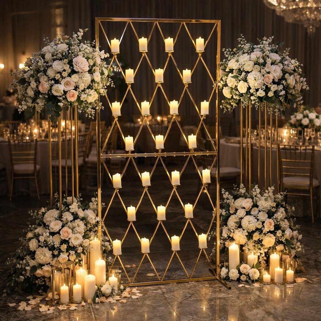 Gold geometric frame backdrop with glowing white candles and white floral arrangements