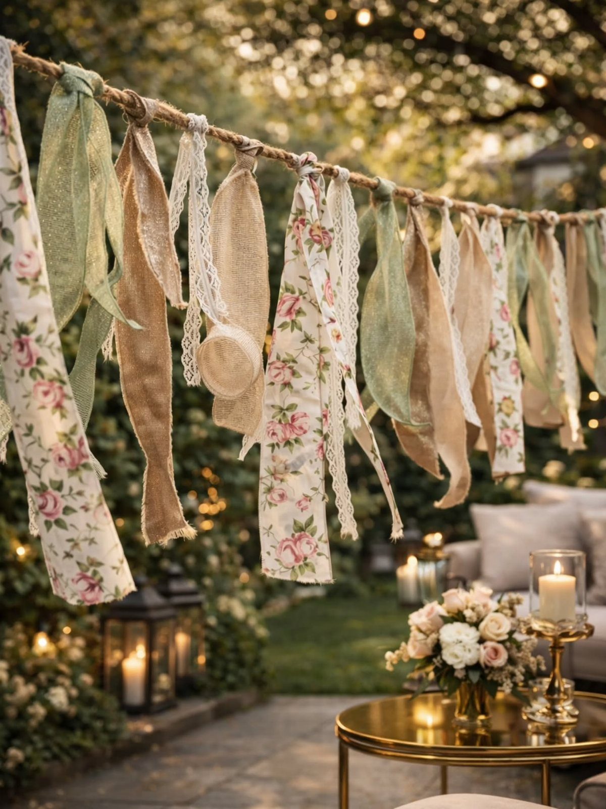 Fabric strips and ribbons hanging from a rope in a garden wedding setting.