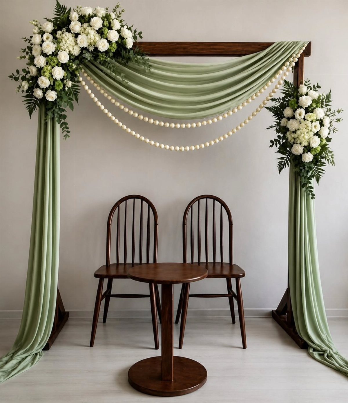 Wooden wedding arch with sage green fabric and white flowers and two chairs.