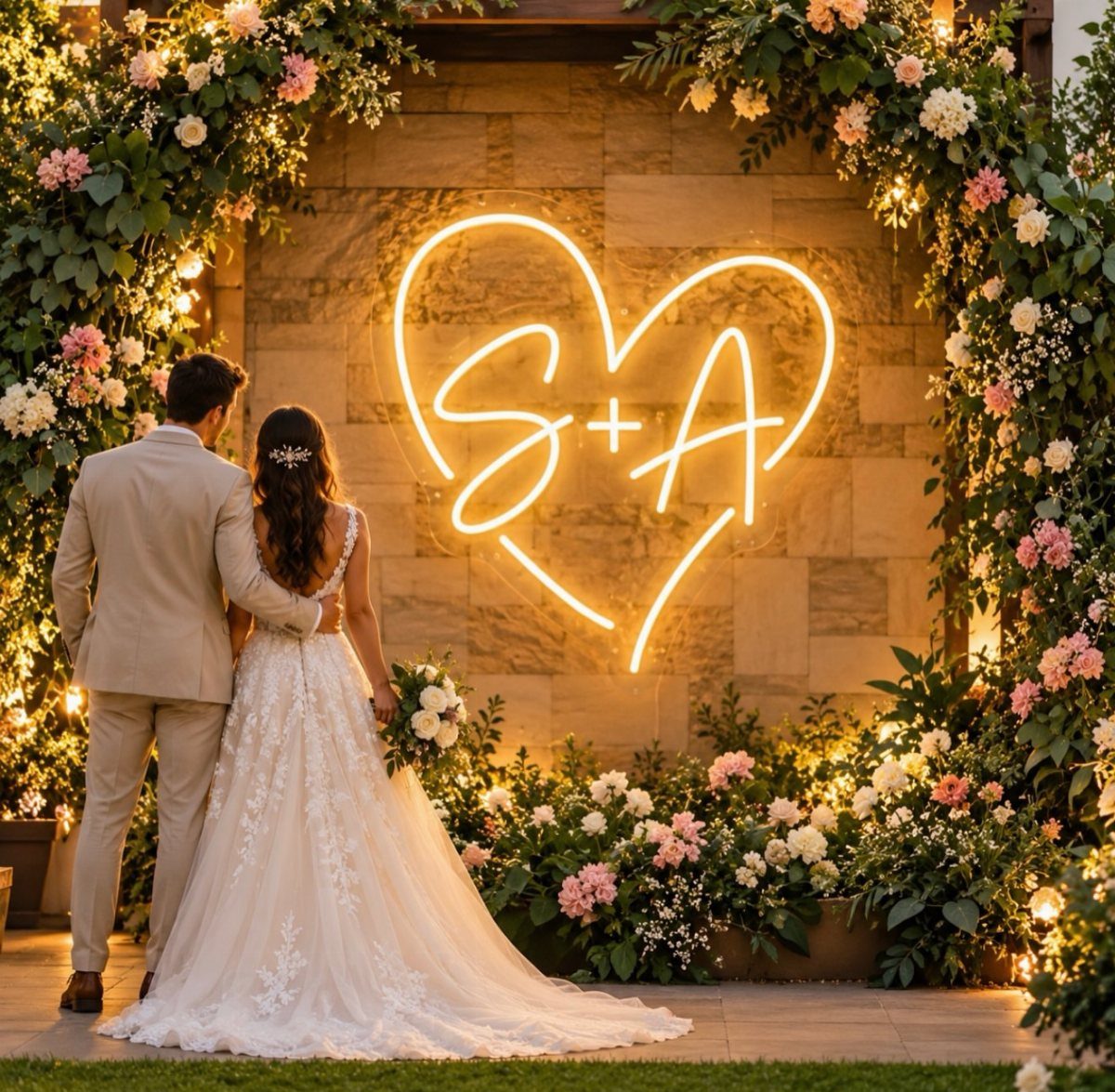 Glowing neon heart sign with initials on a stone wall framed by flowers
