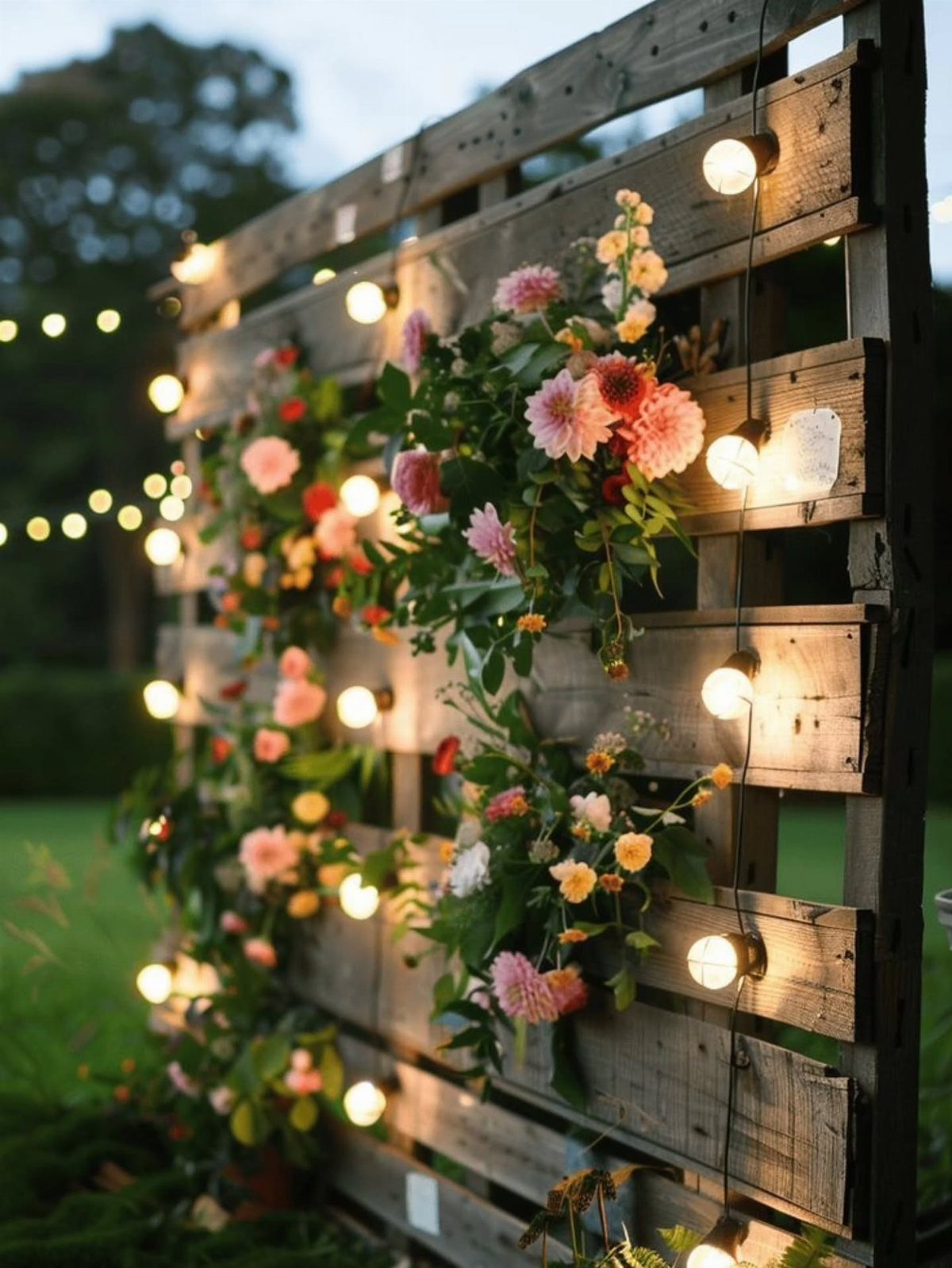 Wooden pallet wall decorated with colorful flowers and warm glowing string lights outdoors.