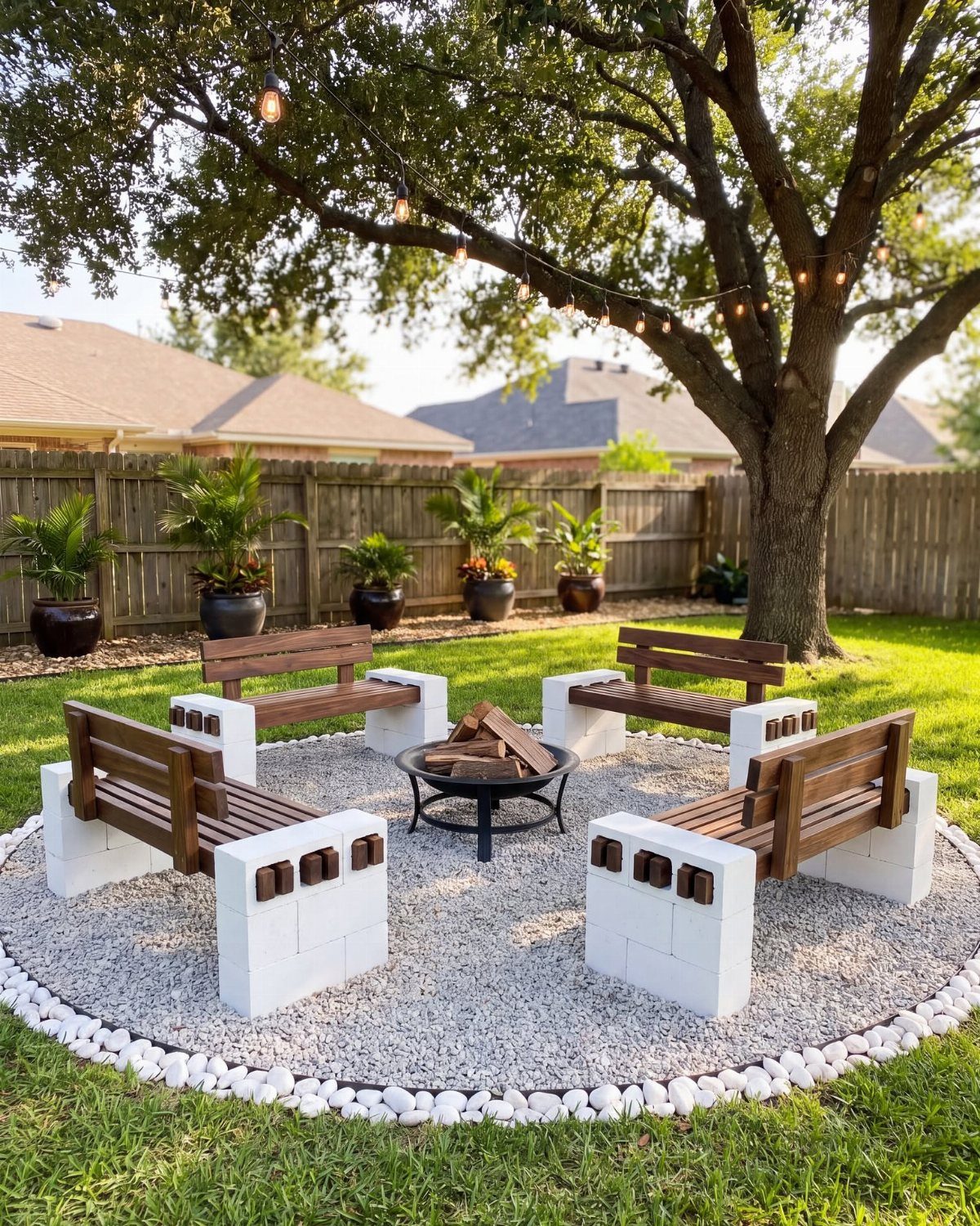 Backyard fire pit area with DIY cinder block benches and overhead string lights.