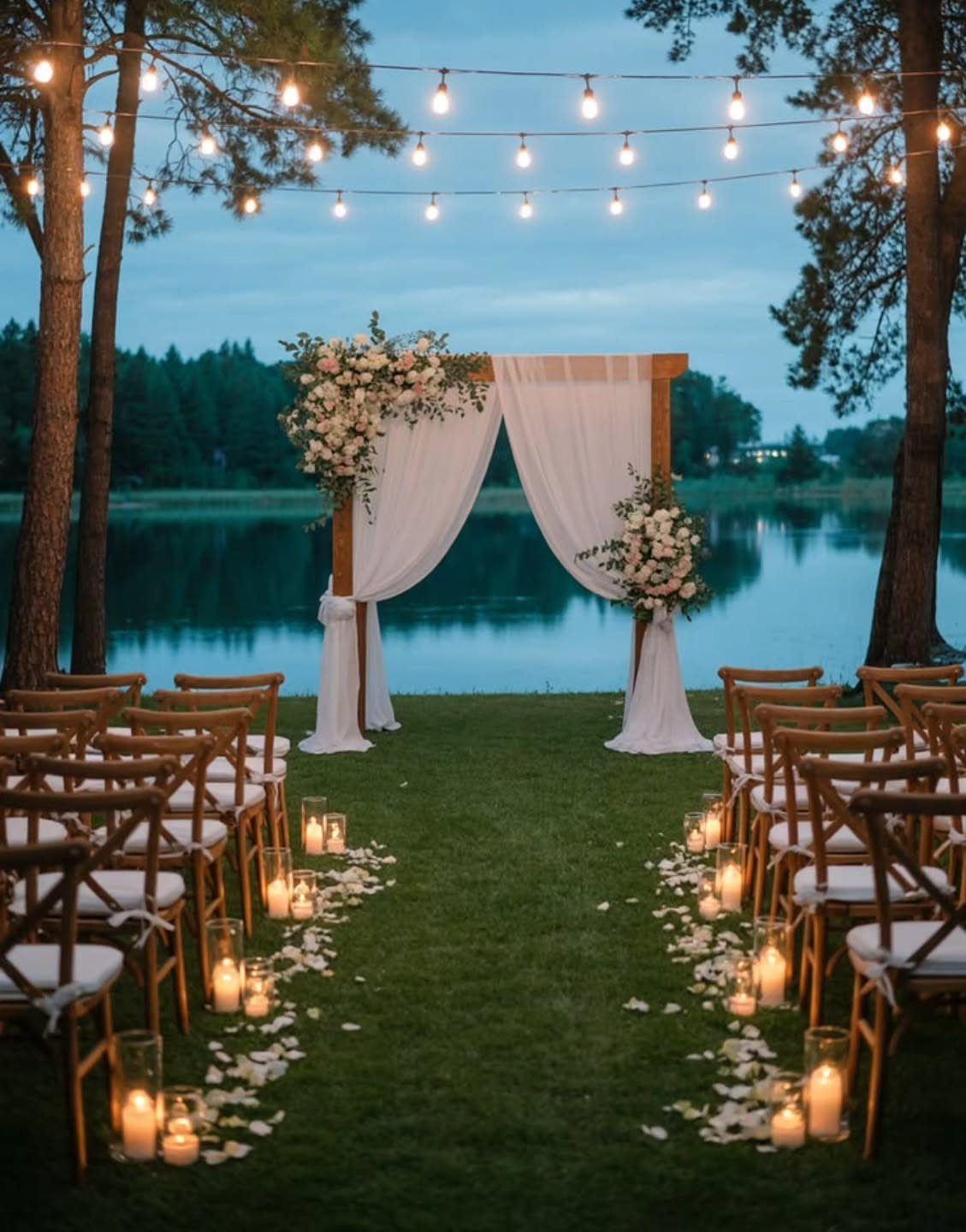 Wooden wedding arch with white fabric and flowers overlooking a calm lake at dusk.