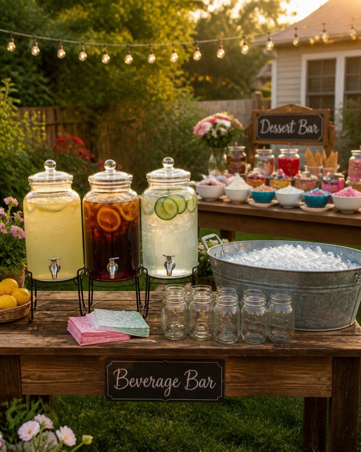 Beverage bar with fruit-infused drink dispensers and ice tub on a wooden backyard table.