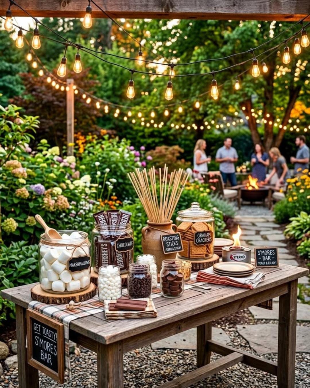 S'mores station on a wooden table with ingredients and string lights in a garden.