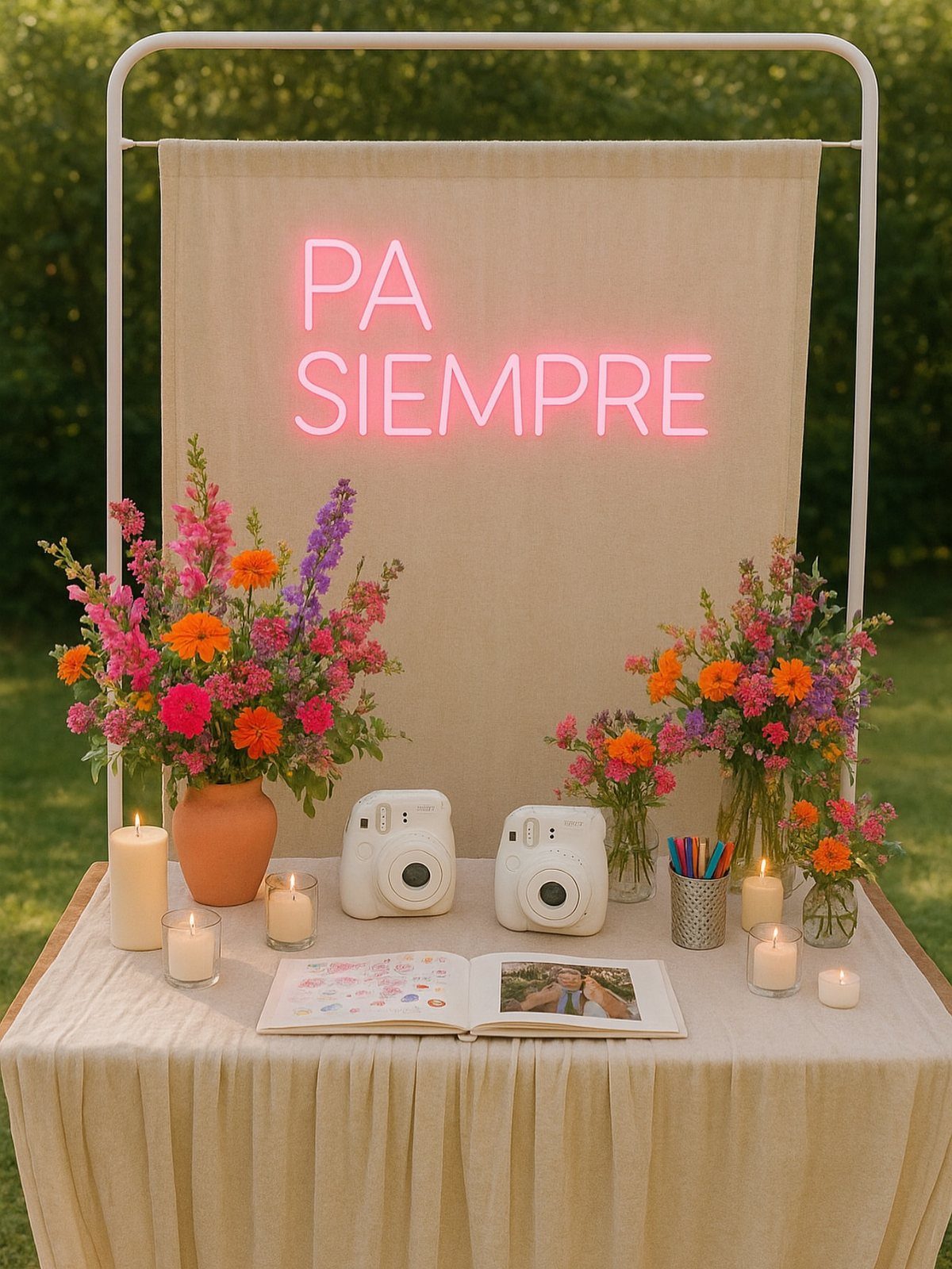 Two white instant cameras and a guest book on a decorated wedding table.