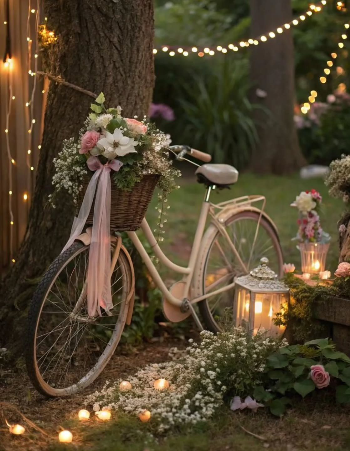 Vintage cream bicycle with a flower-filled basket parked under string lights in a garden.