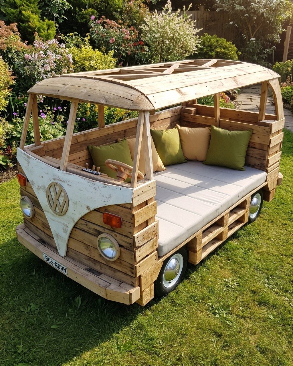 Wooden pallet bus seating with cushions and pillows on a green garden lawn