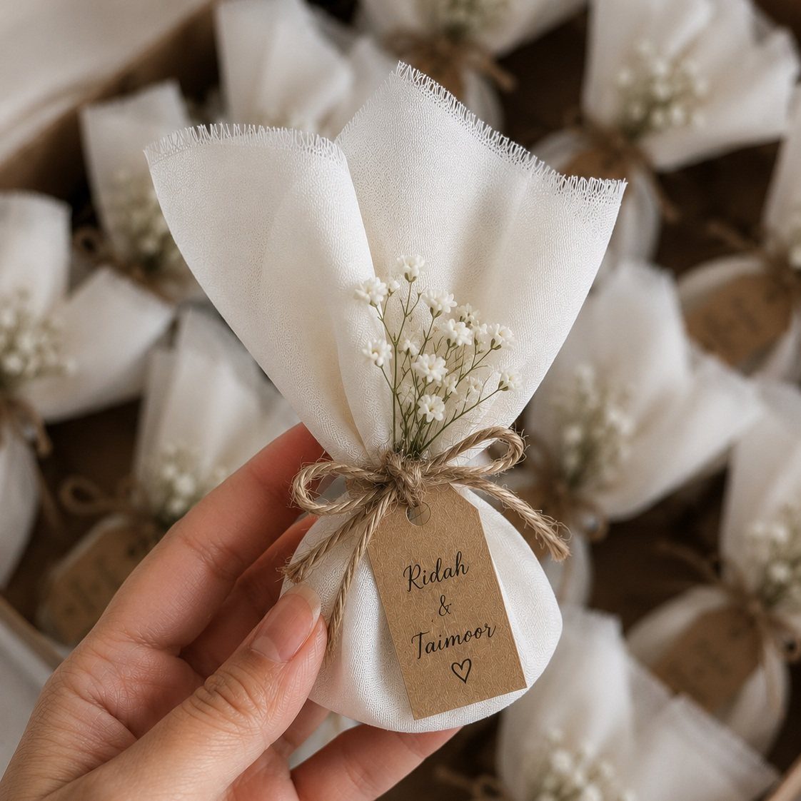White fabric wedding favor bags with brown twine tags and baby's breath flowers.