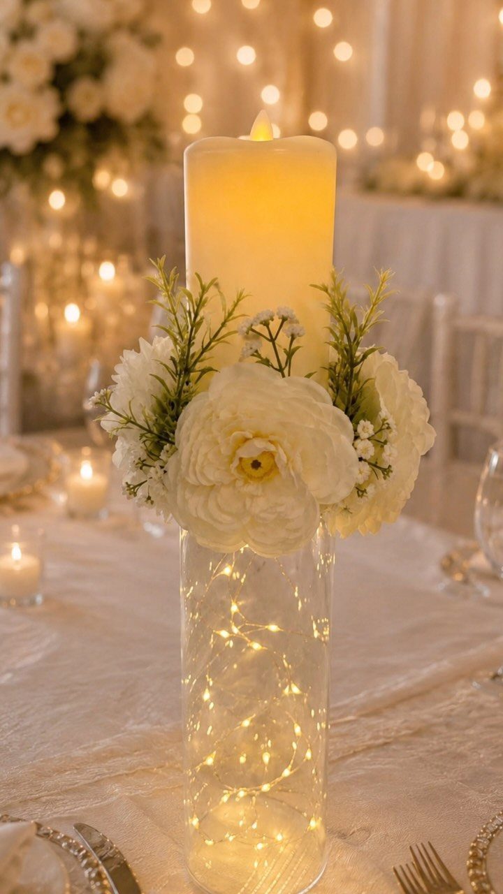 Pillar candle and white flowers in a glass cylinder with fairy lights