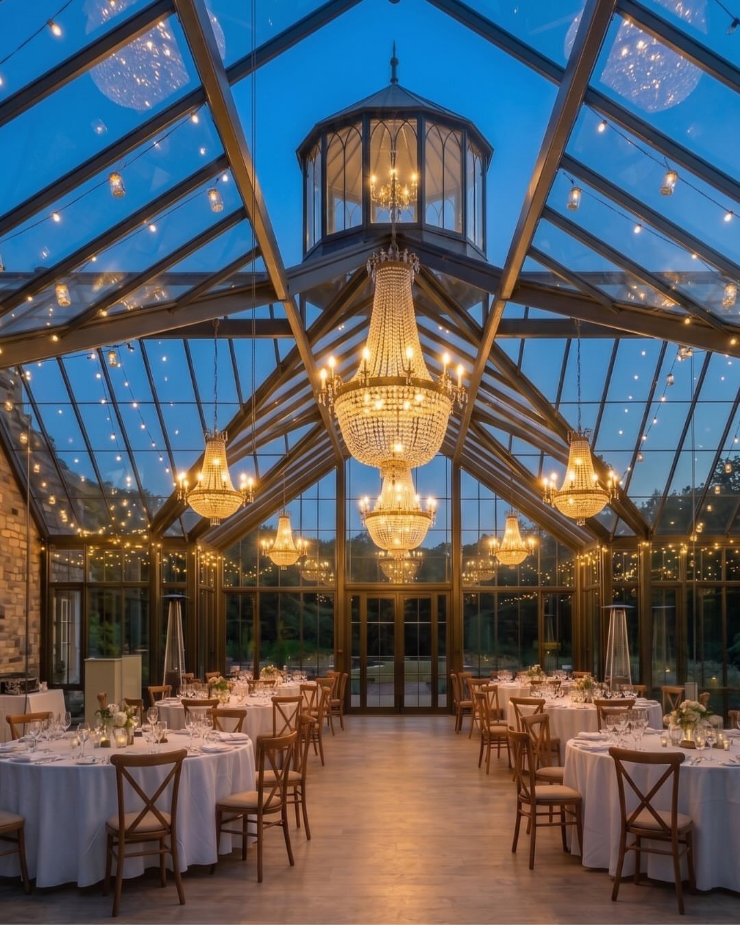 15 Small Wedding Ideas for 50 Guests, From Backyards to Parks 11 Elegant glass conservatory with crystal chandeliers and set dining tables for a wedding reception