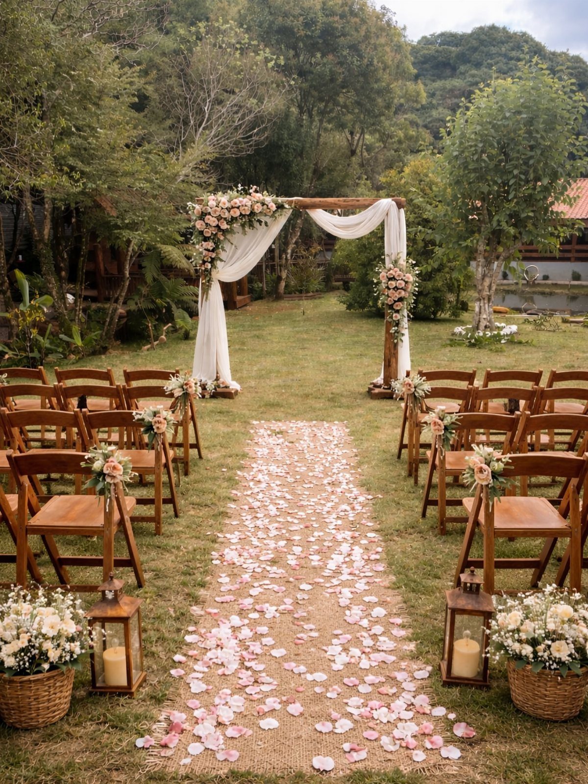 13 Small Wedding Party Ideas for an Intimate Celebration 13 Wooden wedding arch with white fabric and pink petals on a burlap aisle.