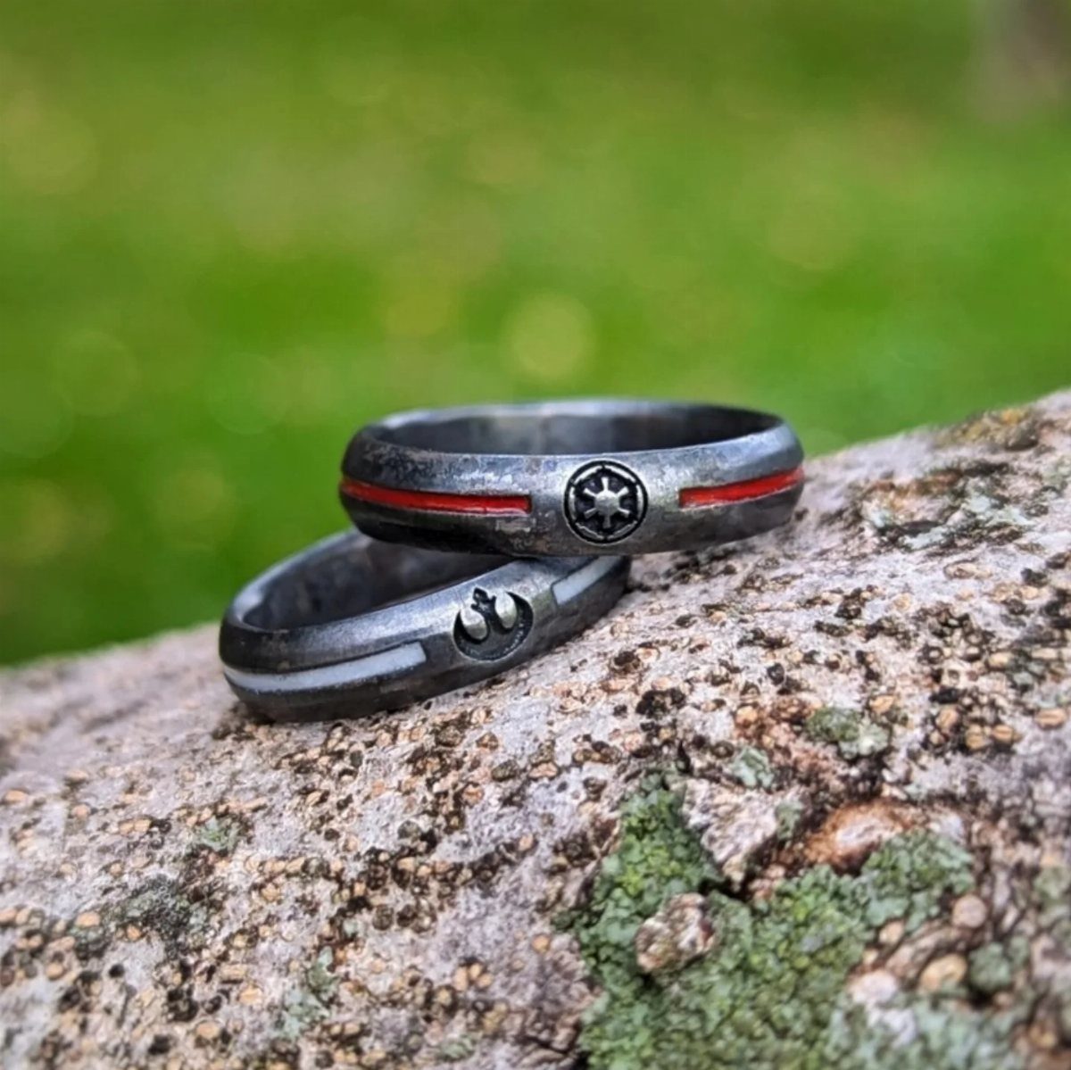 Two dark grey metallic wedding rings with Star Wars emblems on a tree branch