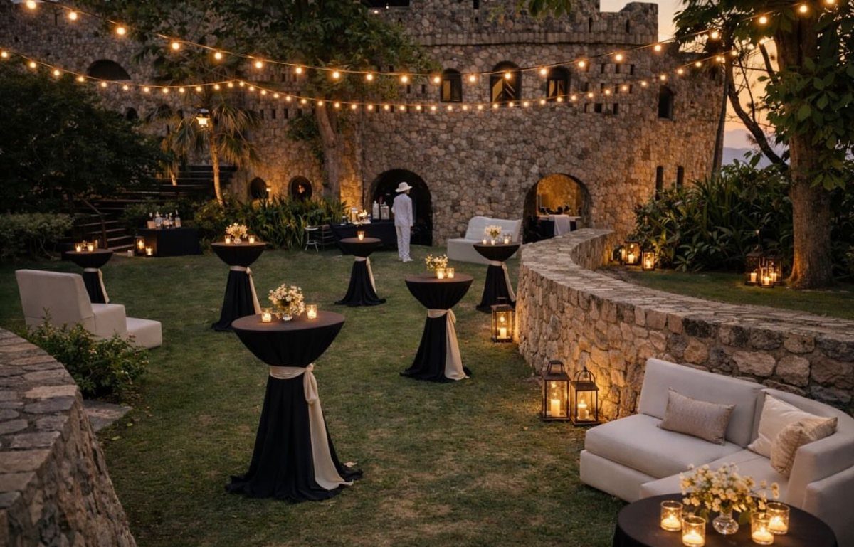Outdoor cocktail hour setup with high-top tables, white sofas, and string lights at dusk.