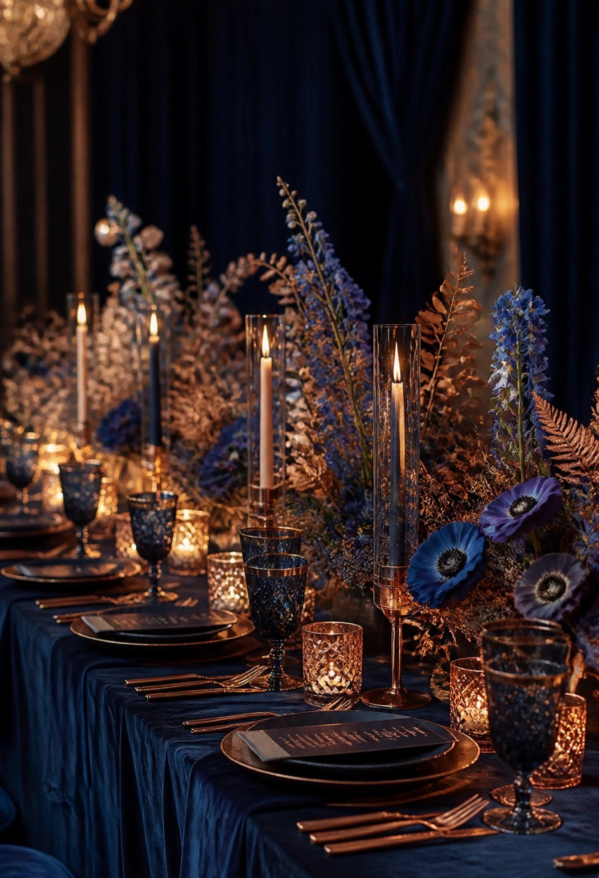 9 Uncommon Wedding Colors for Couples Who Skip the Usual 2 Navy blue wedding table setting with dark blue glassware, candles, and floral arrangements.