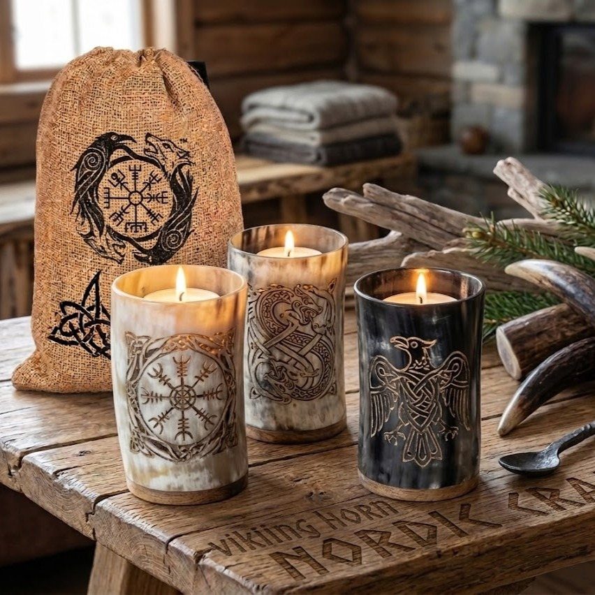 Carved horn candles and a burlap sack with Norse symbols on a rustic table.
